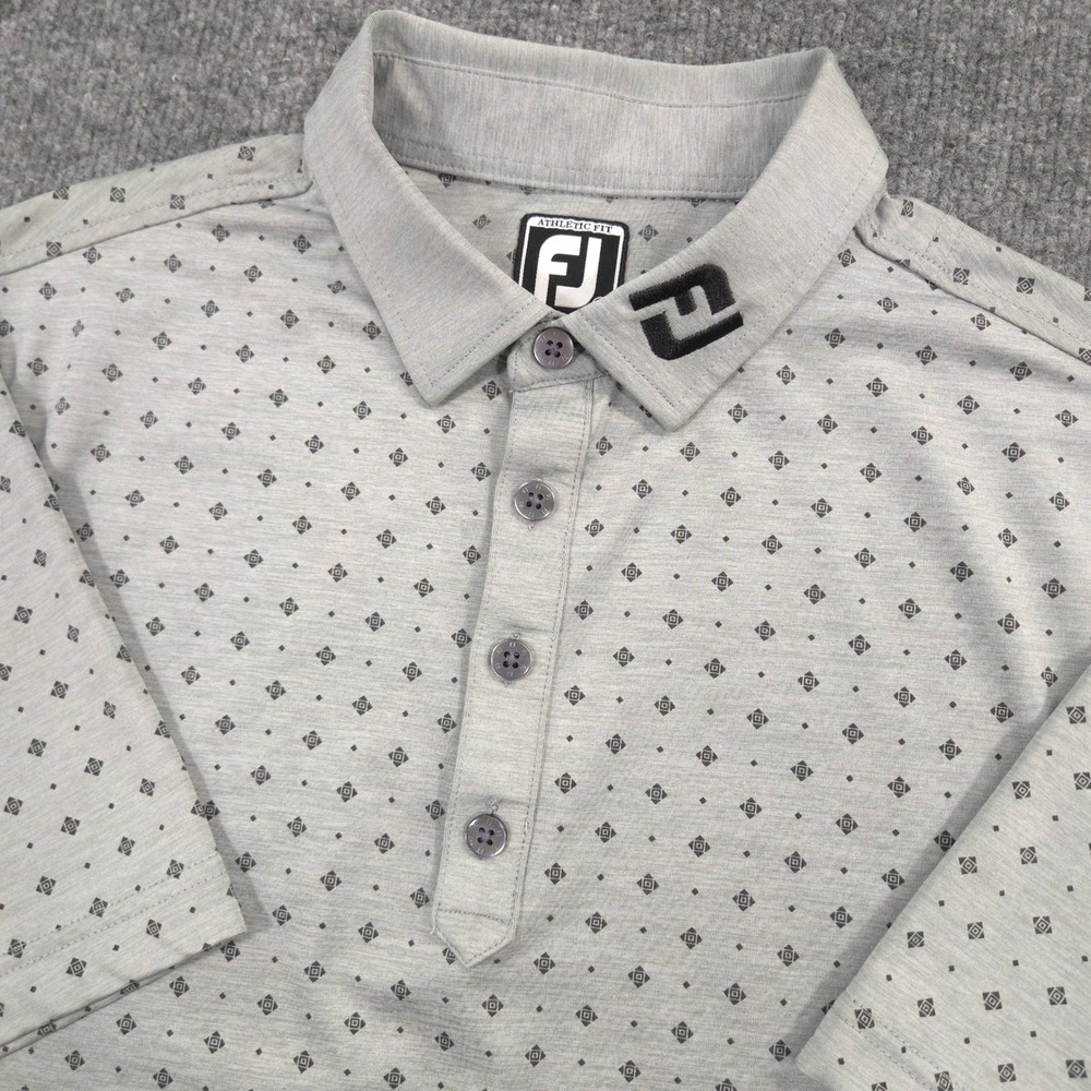FootJoy Polo Shirt Mens Small Gray Geometric AOP Tour Collar Athletic Fit Golf